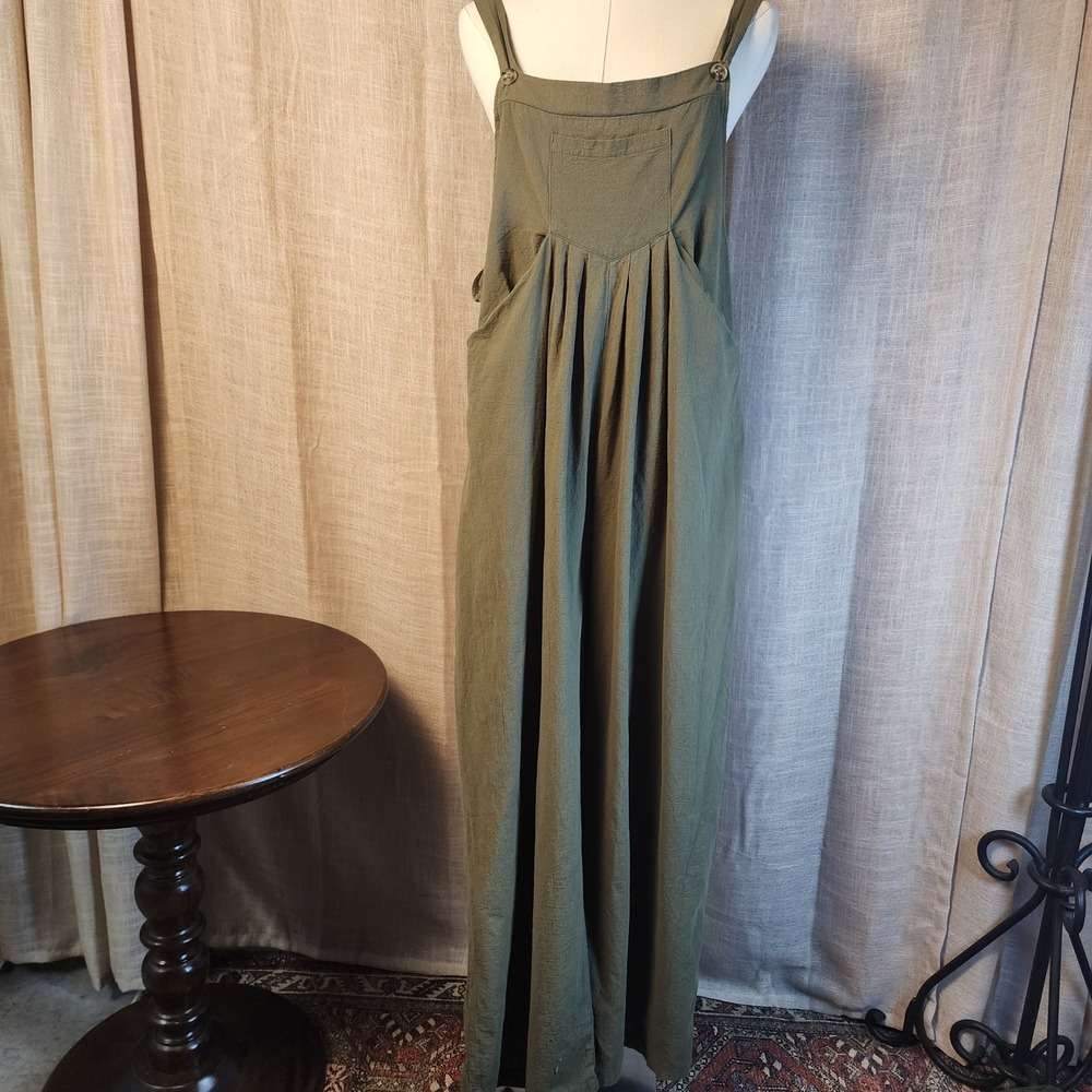 Olive Green Wide Leg Jumpsuit Overalls with Pockets Boho Lagenlook L